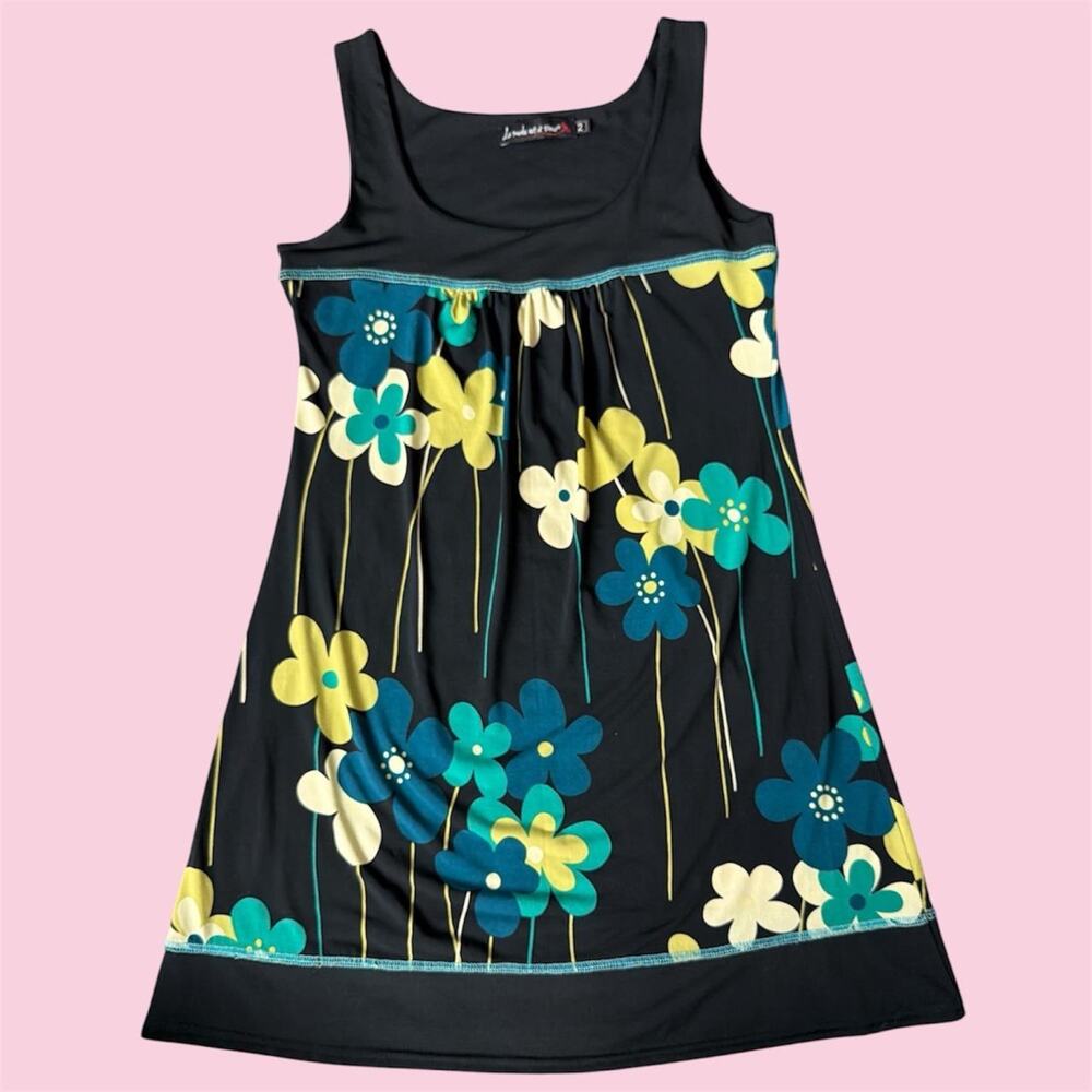 Euro La mode est a vous Black floral babydoll dress with yellow & teal flowers